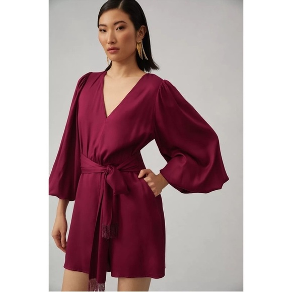 Anthropologie Farm Rio Bell Sleeve Romper V-neck Belt Beads Tassels Plum M NWT - Picture 7 of 7